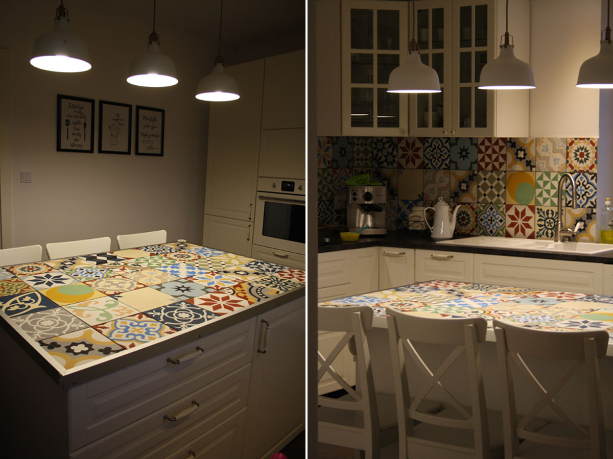 zementfliesen Patchwork - sehr schön umgesetzt in einer Küche als Tischplatte und Fliesenspiegel.