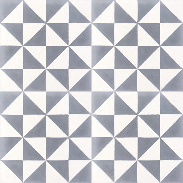 Zementfliesen 244 – typisches geometrisches Dreieckmuster in einer Farbkombination aus Weiß und Grau.
