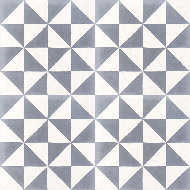 Zementfliesen 244 – typisches geometrisches Dreieckmuster in einer Farbkombination aus Weiß und Grau.