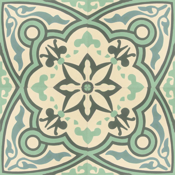 Zementfliesen 3111 - grüne Töne für ein Muster aus dem Jugendstil - Darstellung als vierer Kombination