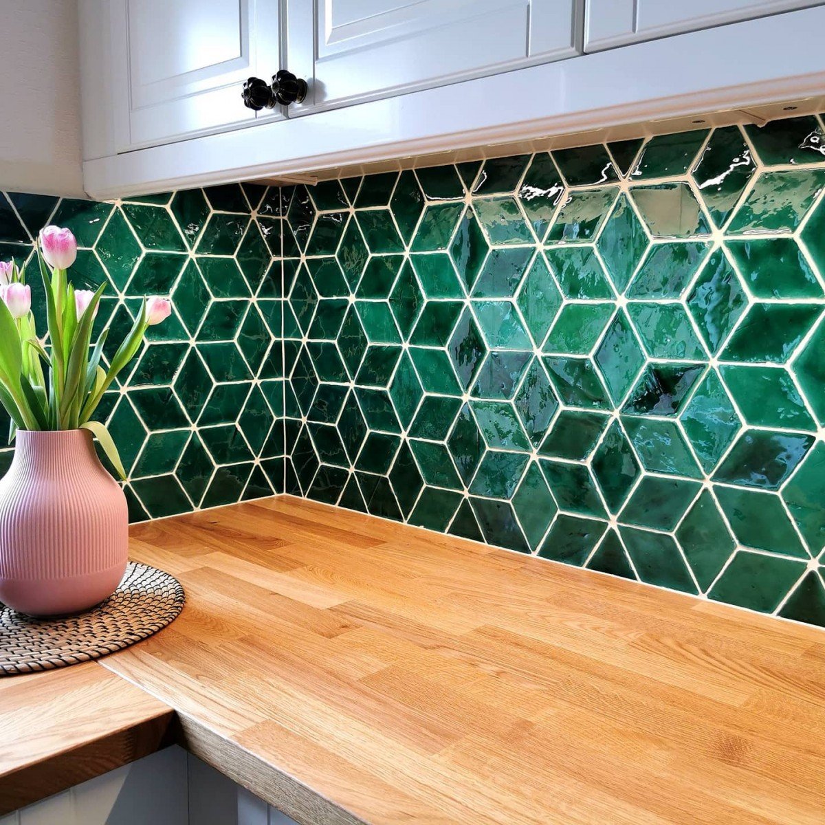 Glasierte Terracotta Wandfliesen - Farbe Grün, Referenz G305 - Format 8,5x14 cm, diamond - Küche